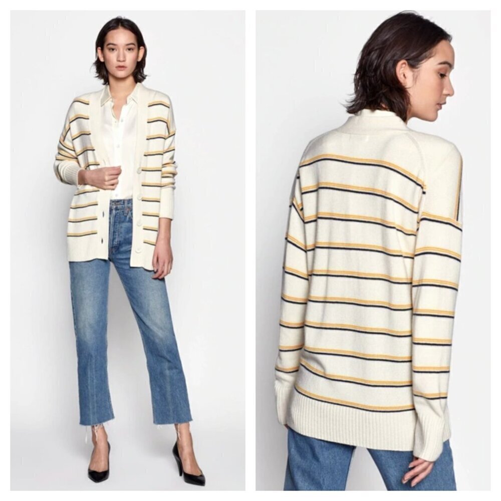 Equipment Elder Stripe Wool Cashmere Cardigan Cream M Slouchy Oversized Sweater